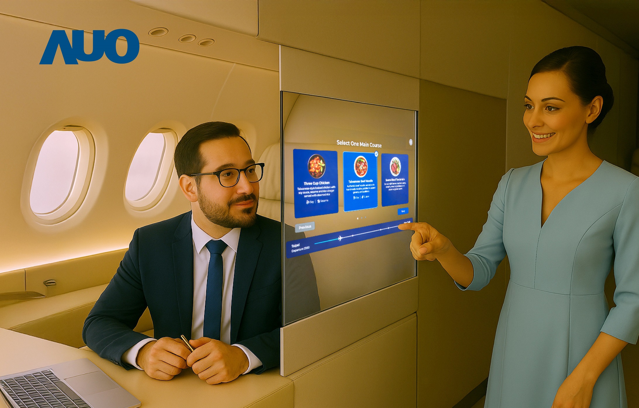 金世豪研發(fā)全球最薄17.3 吋雙面透明 Micro LED 顯示器，可在同一屏幕之雙邊投射不同信息，創(chuàng)造獨特的”透明化”互動；圖為實時翻譯交流應用情境