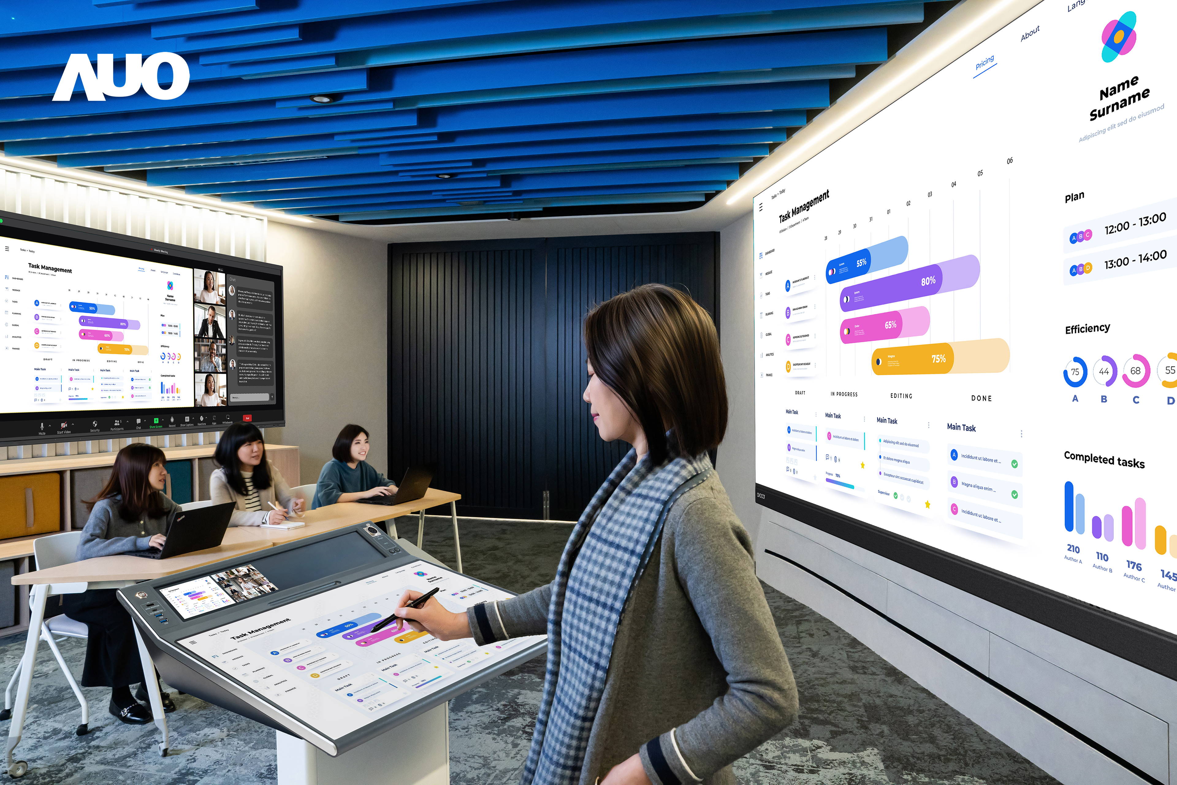 達擎攜手Avocor與Rise Vision展示全方位商務領域應用，包含采用模塊化設計的138吋一體式All-in-One LED顯示器及具21:9超寬比例的92吋交互式電子白板（IFPD），講者可輕松分享內容，有效提升會議協作效率。